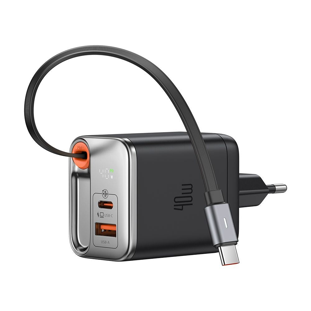 Mcdodo - Wall Charger FreeGo Series (CH-4281) - Built-in USB-C Retractable Cable, USB-A/C, 40W, Digital Display, 65cm - Black