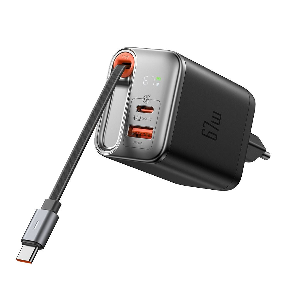 Mcdodo - Wall Charger FreeGo Series (CH-4100) - Built-in USB-C Retractable Cable, USB-A/C, 67W, Digital Display, 65cm - Black