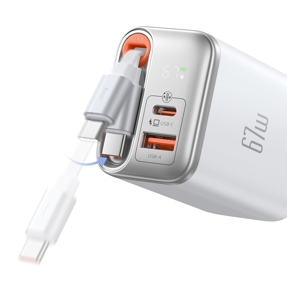 Mcdodo - Wall Charger FreeGo Series (CH-4103) - Built-in USB-C Retractable Cable, USB-A/C, 67W, Digital Display, 65cm - White