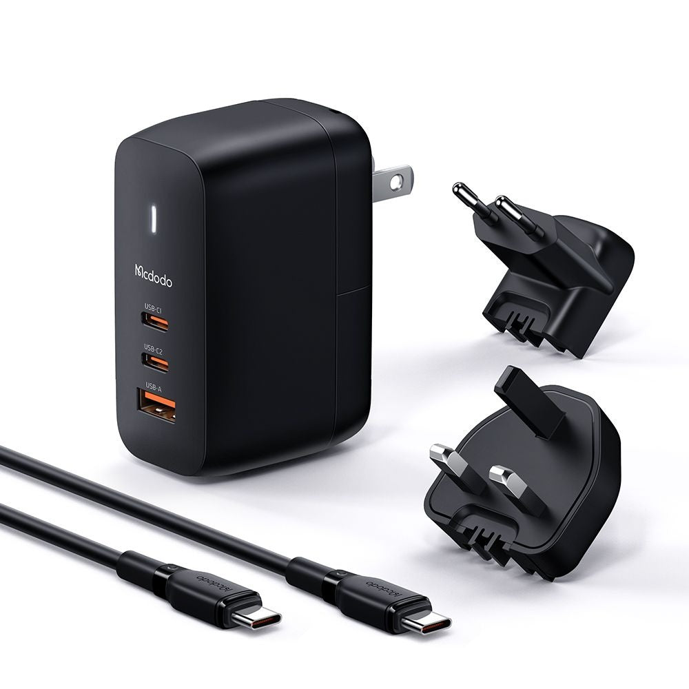 Mcdodo - Travel Adapter Mecha Series (CH-8442) - Cable Included, UK/US/EU Plugs, 65W, 2x Type-C, USB-A - Black