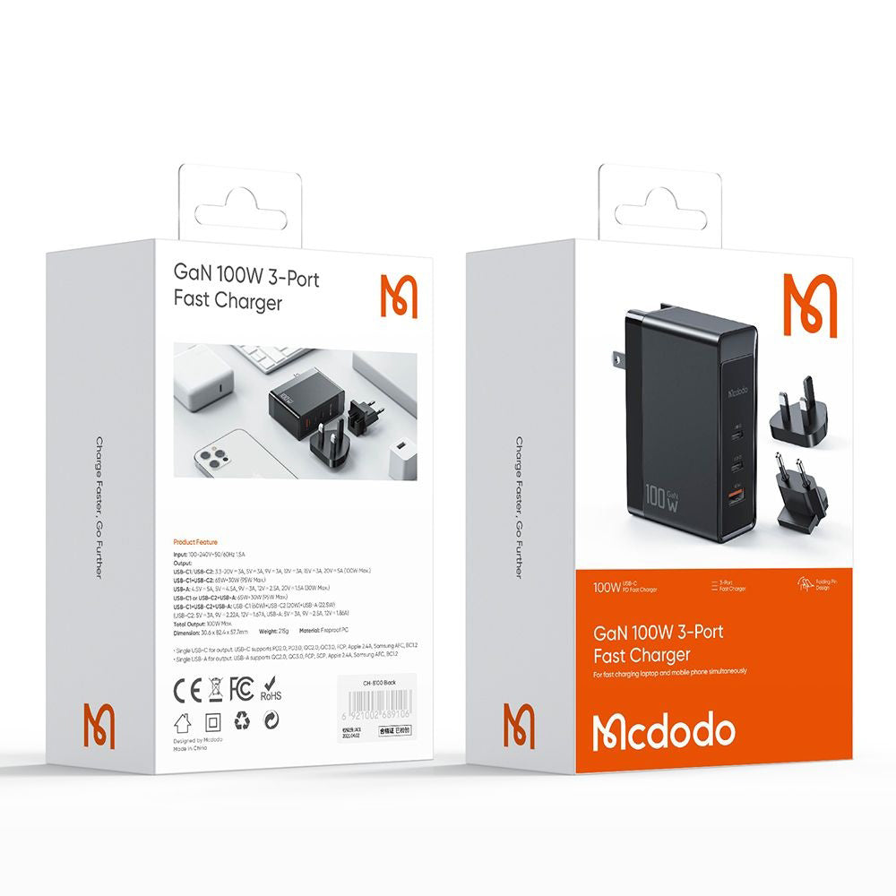Mcdodo - Universal Travel Adapter Nuc AR Power Series (CH-8101 Pro) - UK/US/EU Plug, 2x Type-C, USB-A, 100W, GaN - Black
