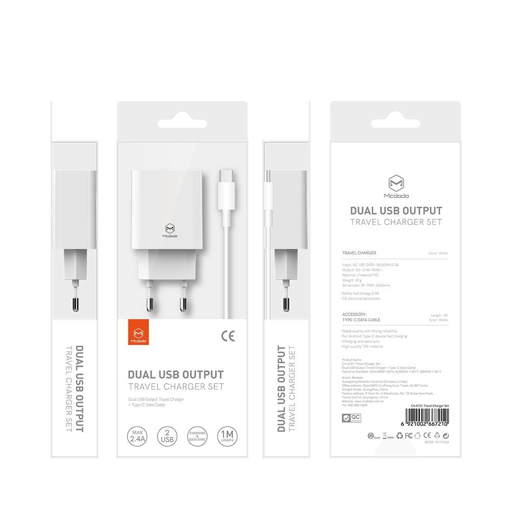 Mcdodo - Wall Charger Special Offer Series (CH-6721) - Cable Included, 2x USB-A, 2.4A, Multiple Protection, 1m - White