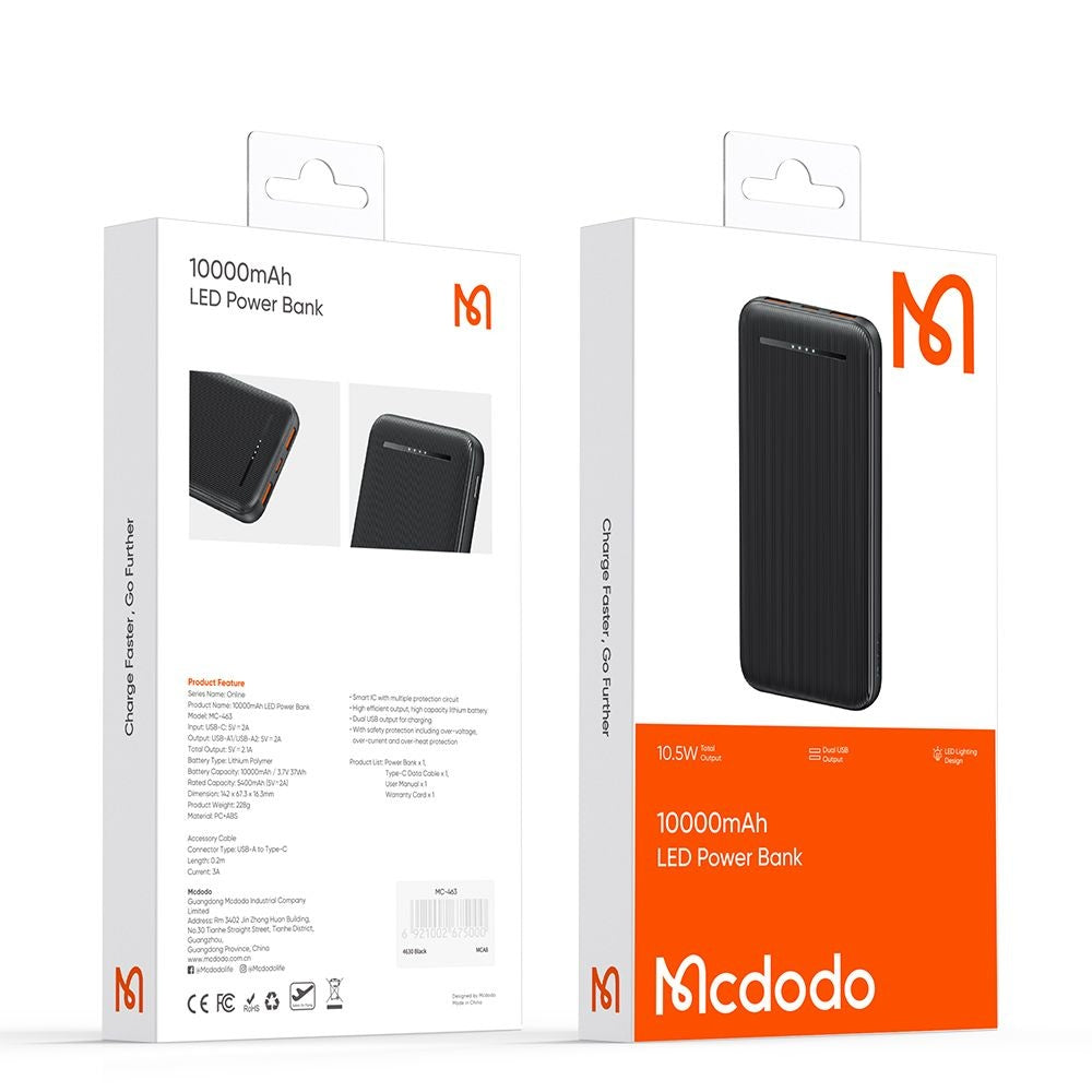 Mcdodo - Power Bank Online Series (MC-4631) - 2x USB, Type-C, 10000mAh, 10.5W, 2A - Black