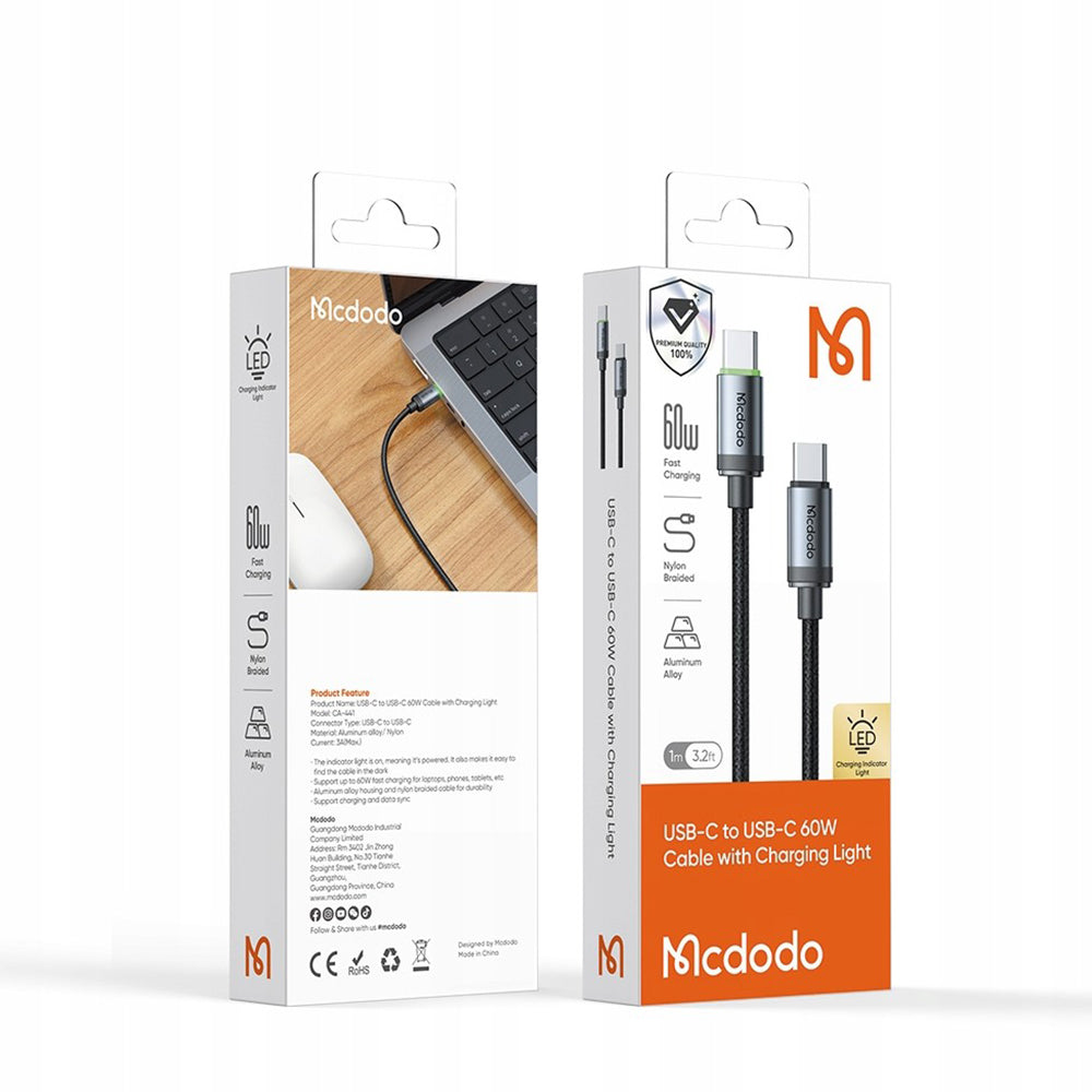 Mcdodo - Data Cable (CA-4410) - USB-C to USB-C, Nylon Braided, Aluminum Alloy, PD60W, 1m - Black
