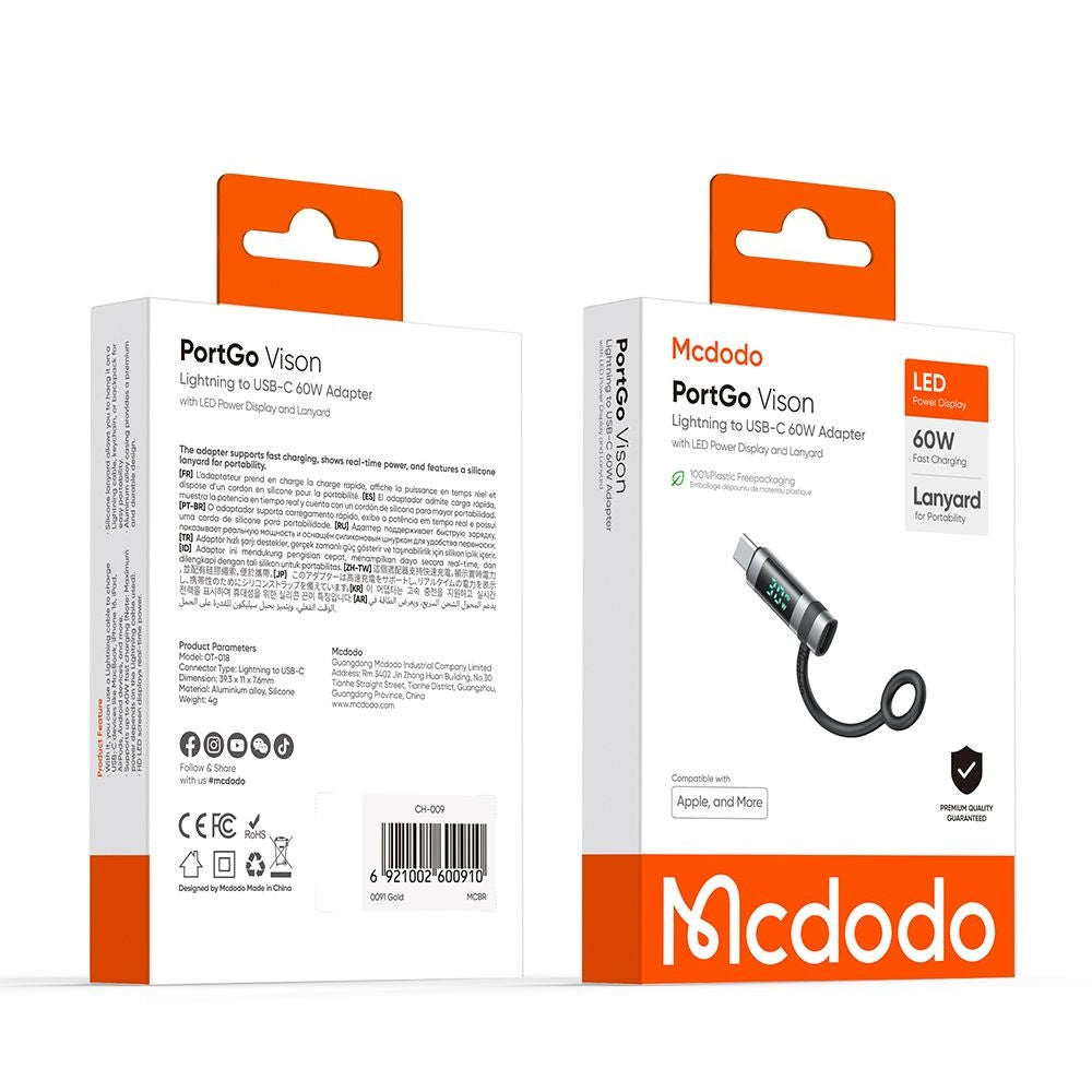Mcdodo - Adapter Pigeon Series (OT-0180) - Silicone Hook, Aluminium Alloy, Lightning to USB-C, 60W, HD LED Display - Black