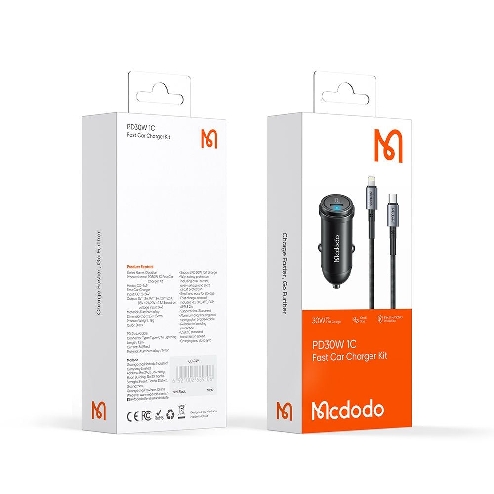 Mcdodo - Car Charger Obsidian Series (CC-7492) - Type-C to Lightning Cable Included, PD30W, Smart IC, Mini Size, 1.2m - Black