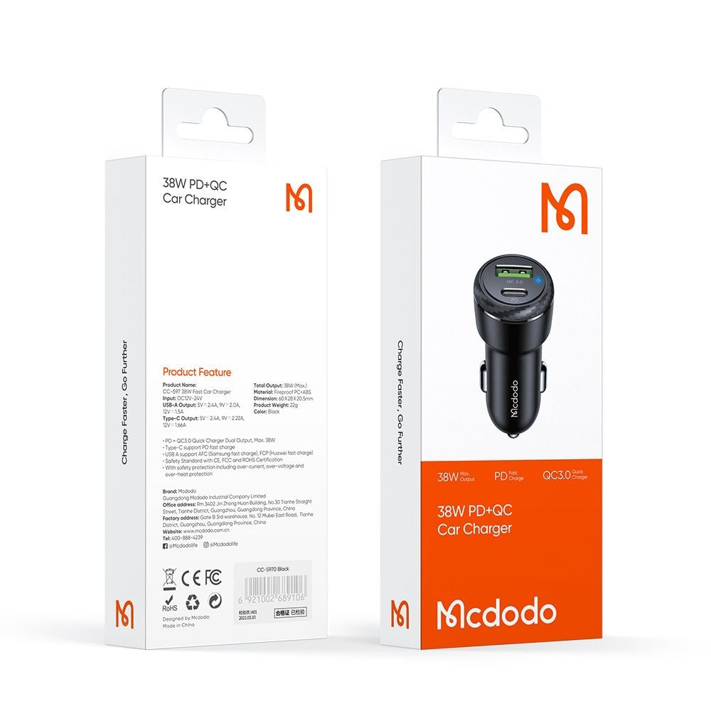 Mcdodo - Car Charger (CC-5970) - Dual Port, Fast Charge, 38W, Smart IC, Fire Retardant Material - Black