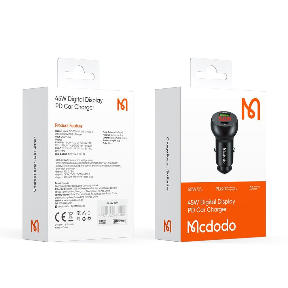 Mcdodo - Car Charger (CC-7030) - Dual Port, Fast Charging, 45W, Digital Display, Multiple Protections - Black