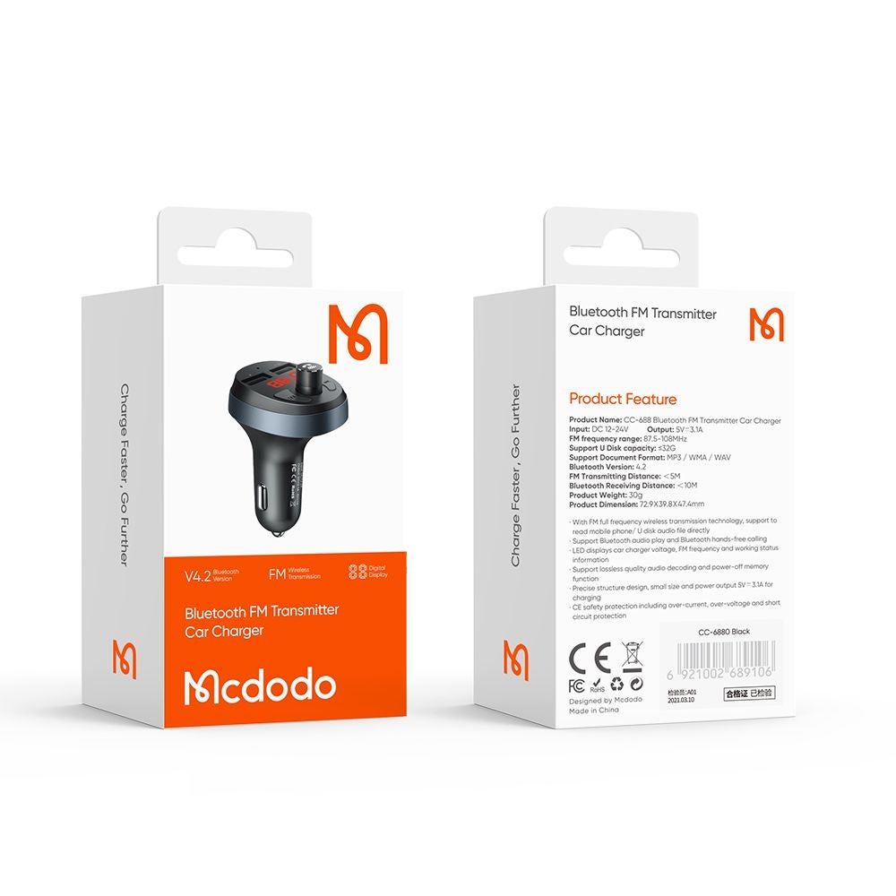 Mcdodo - FM Modulator with Car Charger (CC-6880) - 2x USB-A, with LED Display, 2.1A - Black