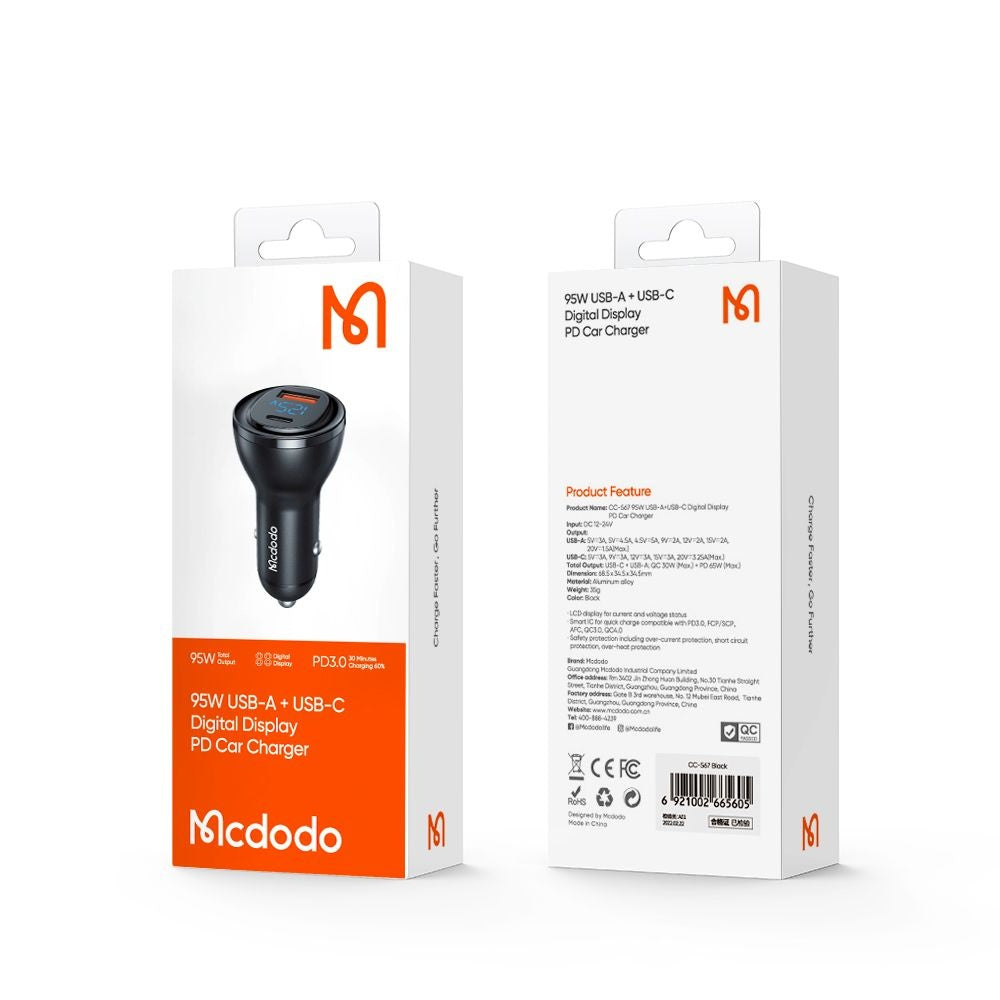 Mcdodo - Car Charger (CC-5670) - Dual Port, 95W, Fast Charge, Smart LED Digital Display - Black