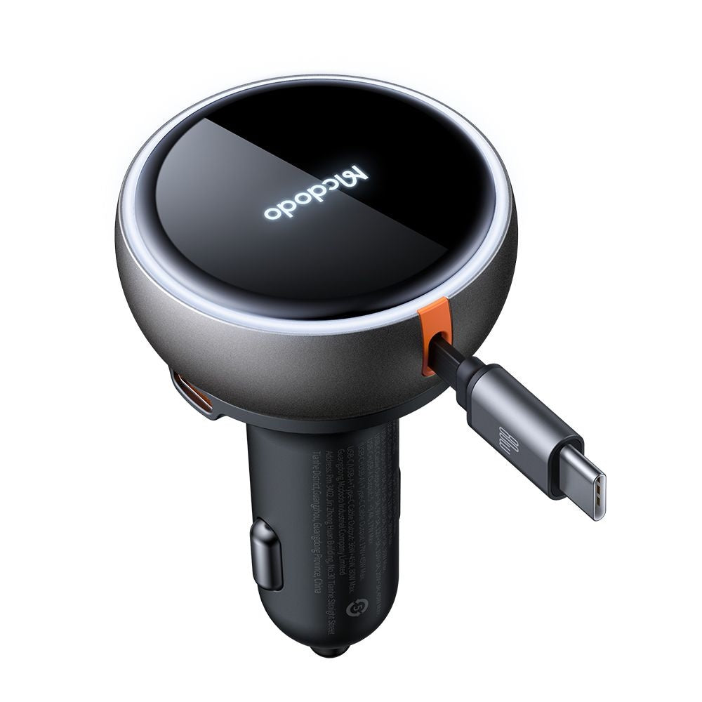 Mcdodo - Car Charger (CC-4850) - with USB-C Retractable Cable, 80W, Dual Port, Indicator Light Ring, 80cm - Black