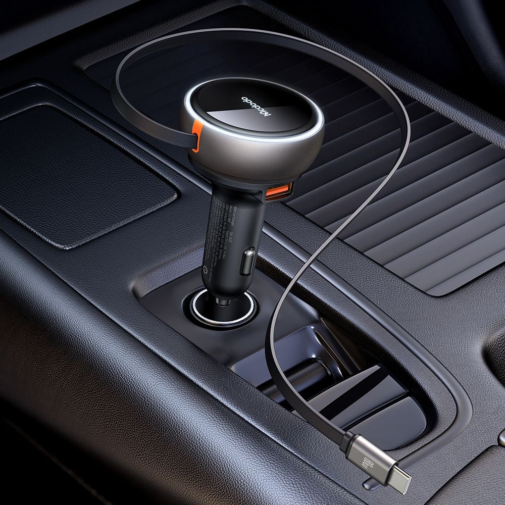 Mcdodo - Car Charger (CC-4850) - with USB-C Retractable Cable, 80W, Dual Port, Indicator Light Ring, 80cm - Black
