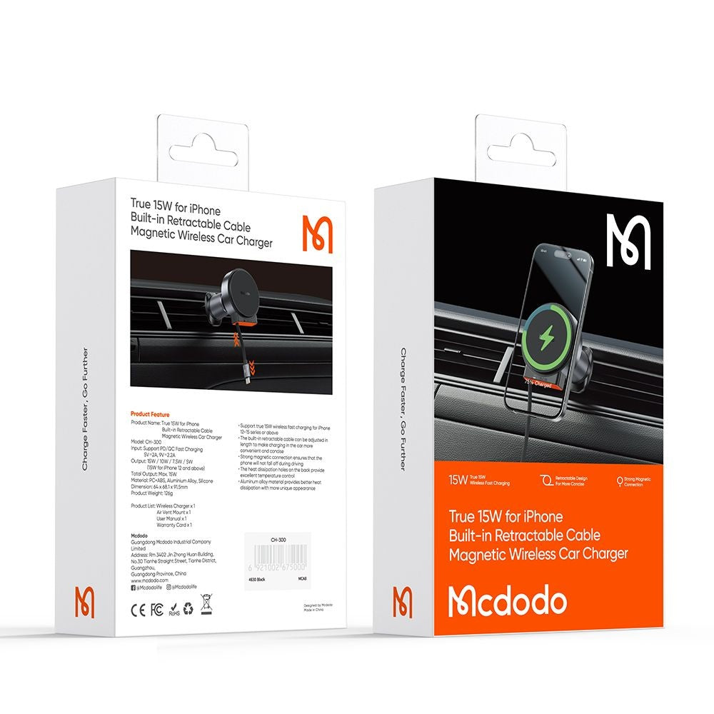 Mcdodo - Car Holder with Wireless Charging (CH-3000) - for Air Vent, 15W, Dual Magnetic Coils, Built-in Retractable Cable - Black