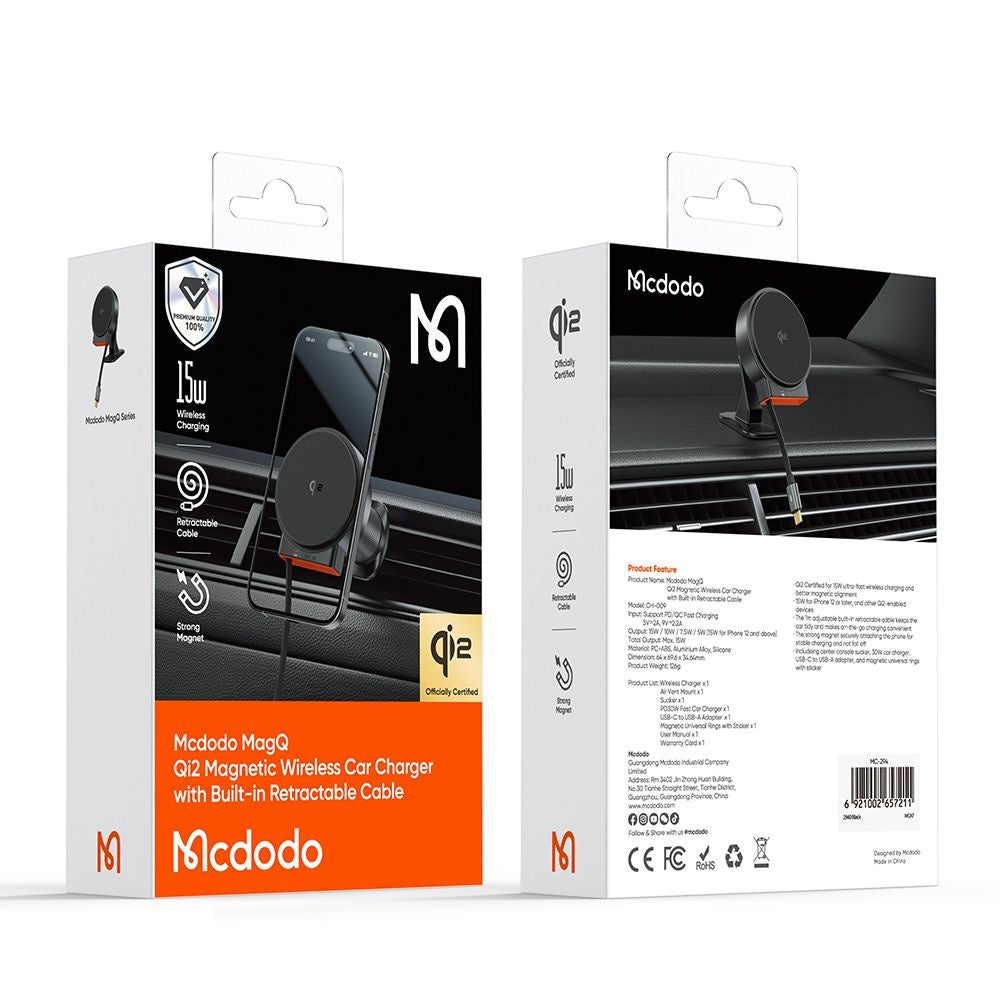 Mcdodo - Car Holder with Wireless Charging (CH-0091) - for Air Vent, 15W, Qi2, Built-in Retractable Cable - Desert Gold
