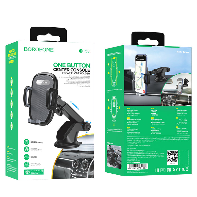 Borofone - Car Holder Windy (BH53) - with Suction Cup, for Dashboard/Windshield, 4.5-6.7" Phone - Black Grey