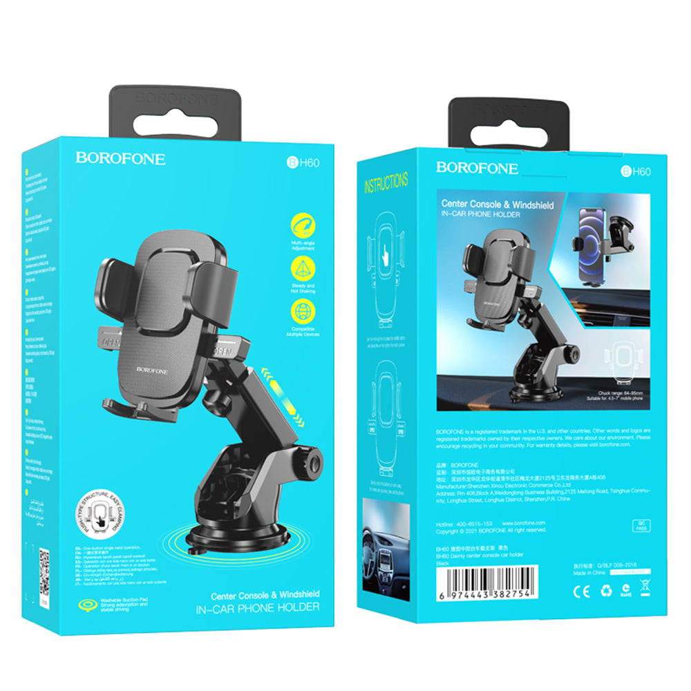 Borofone - Car Holder Dainty (BH60) - with Suction Cup, for Dashboard/Windshield, 4.5-7" Phone - Black Grey