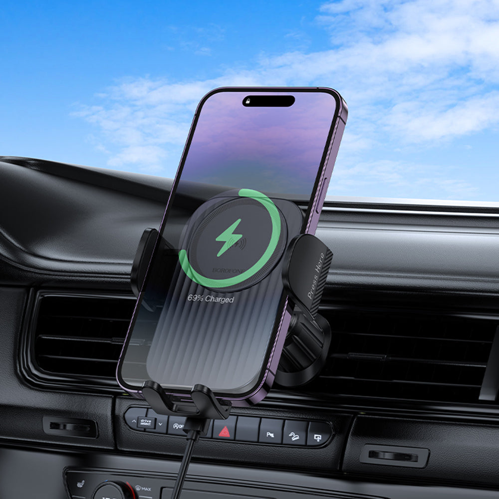 Borofone - Car Holder with Wireless Charging Path (BH221) - Fast Charge, 15W, Secure Grip - Black Metal Grey