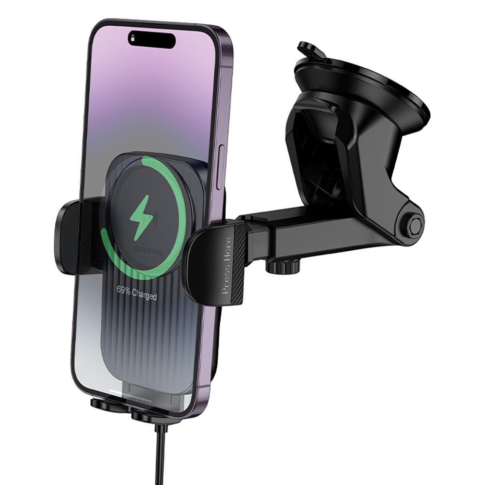 Borofone - Car Holder with Wireless Charging Leading (BH222) - for Dashboard/Windshield, Secure Grip, 15W - Black Metal Grey