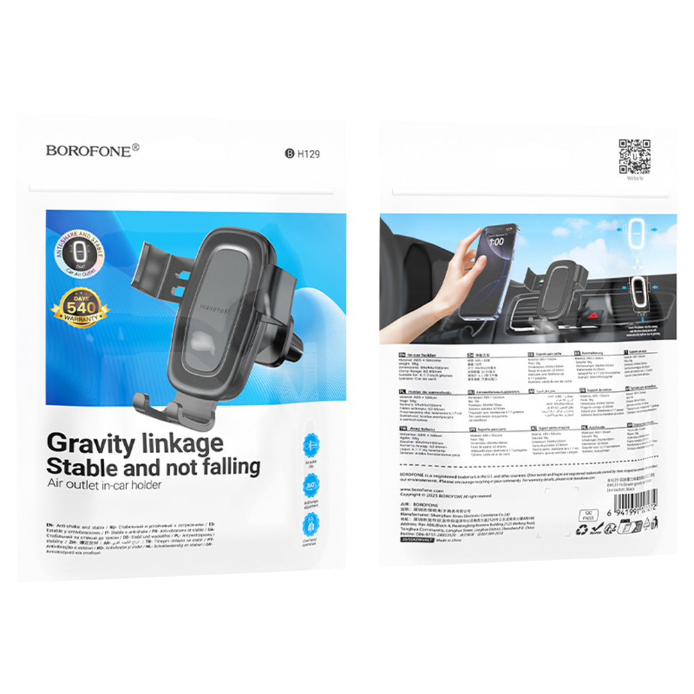 Borofone - Car Holder Follower Gravity (BH129) - for Air Vent, 360° Adjust, Gravity Vent Mount, ABS Silicone, 6.1–7" - Black