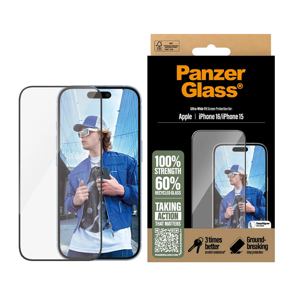 PanzerGlassÂ® - Ultra-Wide Fit Screen Protector - iPhone 16 / iPhone 15 - Black