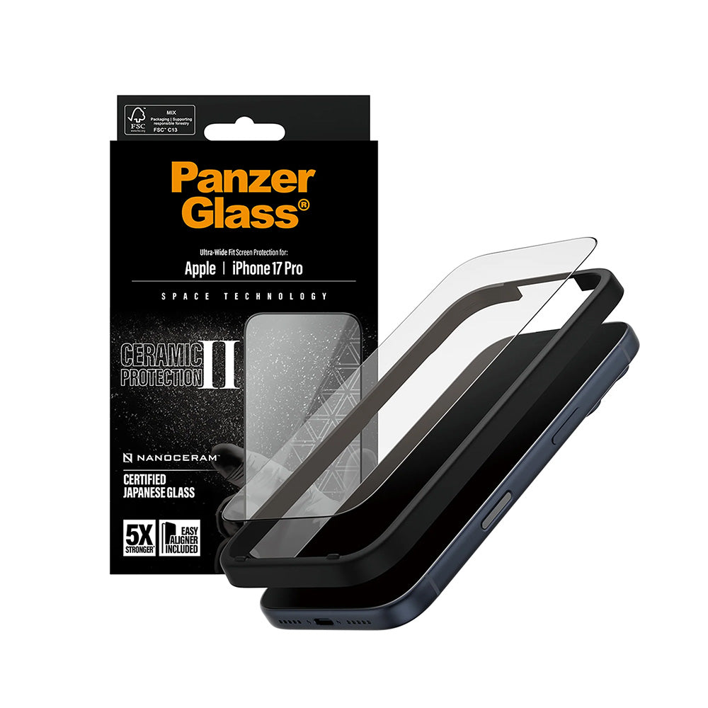 PanzerGlassÂ® - Ultra-Wide Fit Ceramic II Screen Protector w. EasyAligner - iPhone 17 Pro - Black