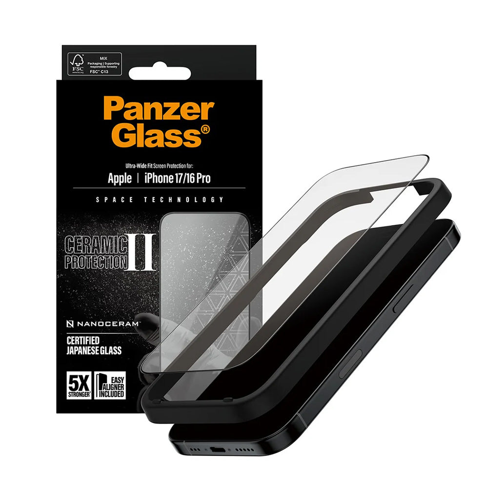PanzerGlassÂ® - Ultra-Wide Fit Ceramic II Screen Protector w. EasyAligner - iPhone 17 / iPhone 16 Pro - Black