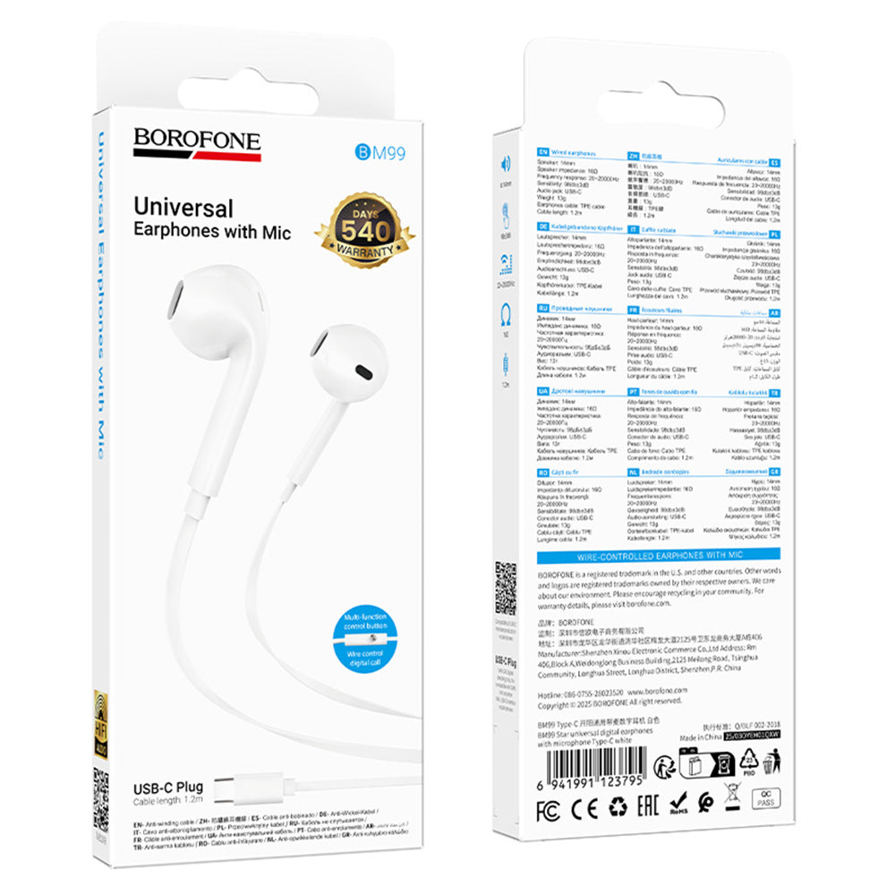Borofone - Wired Earphones Star (BM99) - with Microphone, Type-C, DAC Chip, 1.2m - White
