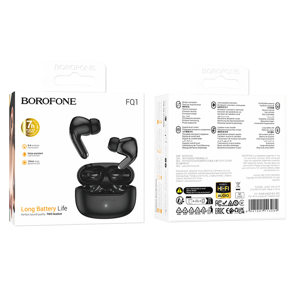 Borofone - Wireless Earbuds Shine (FQ1) - Bluetooth V5.4, TWS, 320mAh, Multipoint, Track Control, Siri Activation - Black