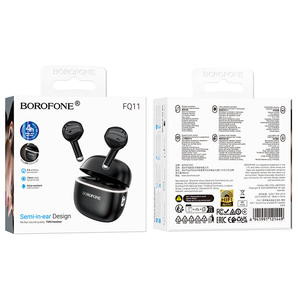Borofone - Wireless Earbuds Sound (FQ11) - Bluetooth V5.4, 300mAh, True Wireless, Siri Activation, In-Ear Design - Black