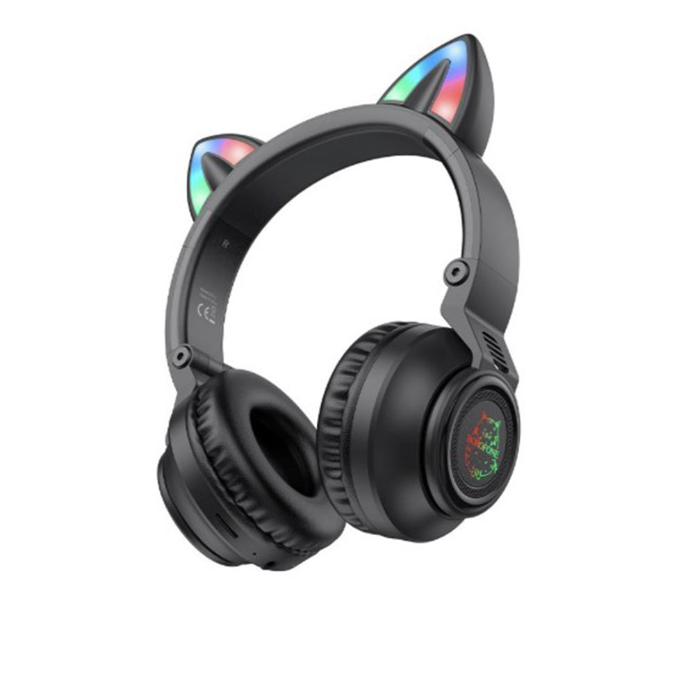 Borofone - Wireless Headphones Cat Ear (BO18) - Bluetooth V5.0, 400mAh, Ergonomic Design, LED Lights - Black