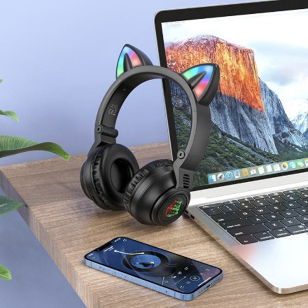 Borofone - Wireless Headphones Cat Ear (BO18) - Bluetooth V5.0, 400mAh, Ergonomic Design, LED Lights - Black