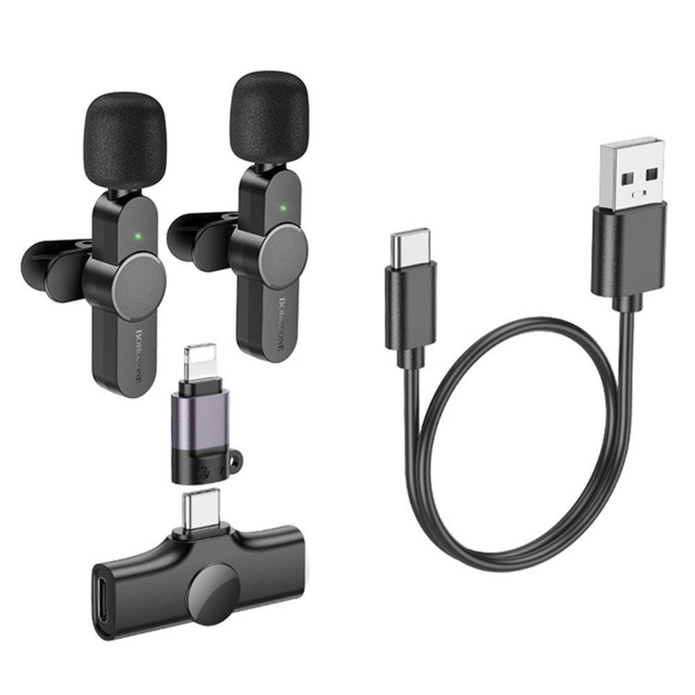 Borofone - (2 pack) Wireless Lavalier Microphones Trophy (BFK12) - 2.4Ghz, Type-C, Lightning, 70mAh - Black