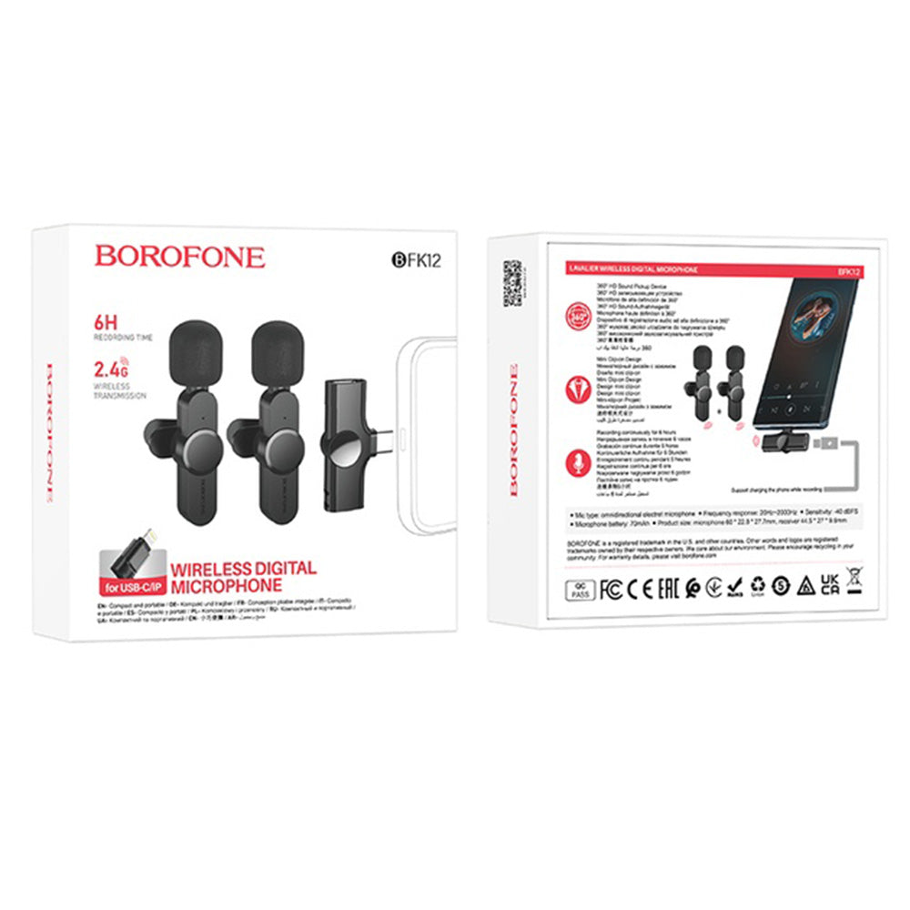 Borofone - (2 pack) Wireless Lavalier Microphones Trophy (BFK12) - 2.4Ghz, Type-C, Lightning, 70mAh - Black