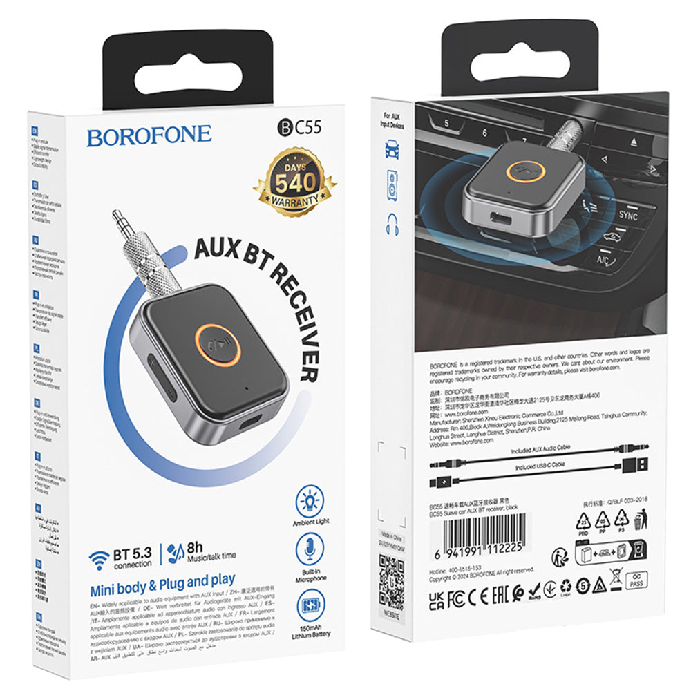Borofone - Wireless Audio Receiver Suave (BC55) - Bluetooth 5.3 Adapter, 150mAh, Jack 3.5mm - Black