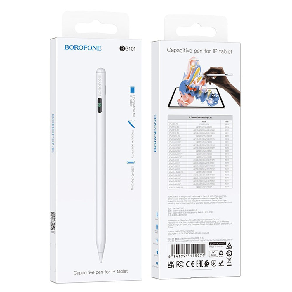 Borofone - Active Capacitive Stylus Pen (BG101) - with Digital Display, for iPad, 130mAh, Type-C, Aluminum Alloy - White