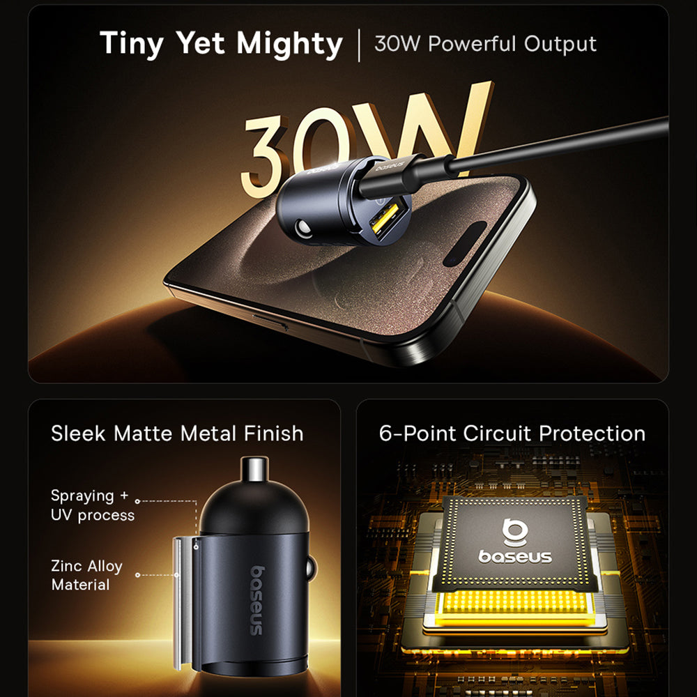 Baseus - Car Charger Tiny Star Mini (C00035001121-02) - USB, Type-C, 30W, with Built-in Pull Handle, 12V to 24V - Black