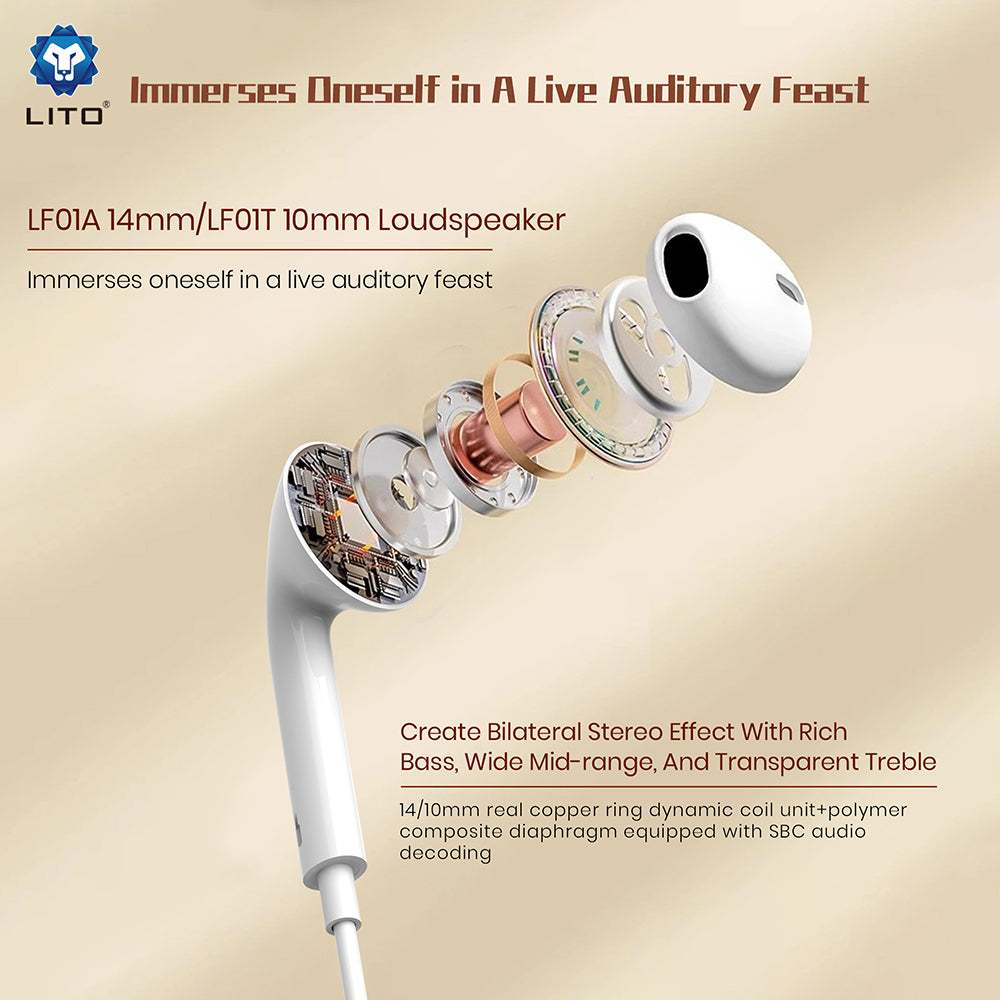 Lito - Wired Earphones (LF01A) - Jack 3.5mm, Stereo, Half In-ear, with HD Microphone, 1.2m - White