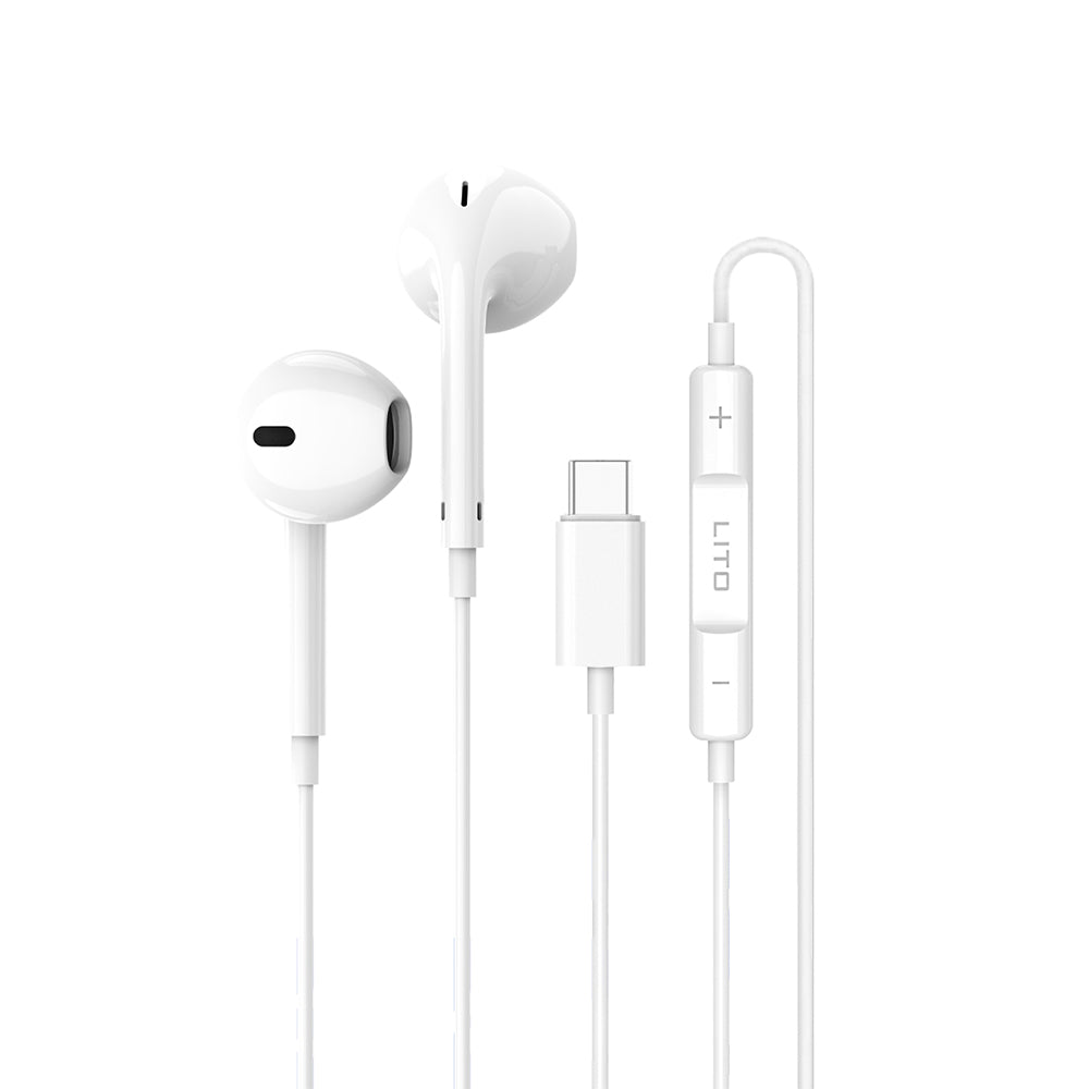 Lito - Wired Earphones (LF01T) - Type-C, Stereo, Half In-ear, with HD Microphone, 1.2m - White