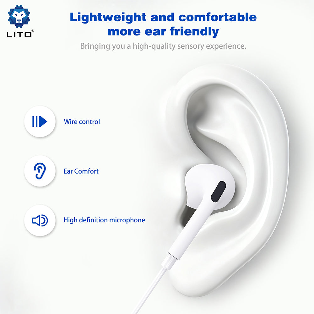 Lito - Wired Earphones (LF03) - Jack 3.5mm, Type-C, Stereo, Half In-ear, with HD Microphone, 1.2m - White