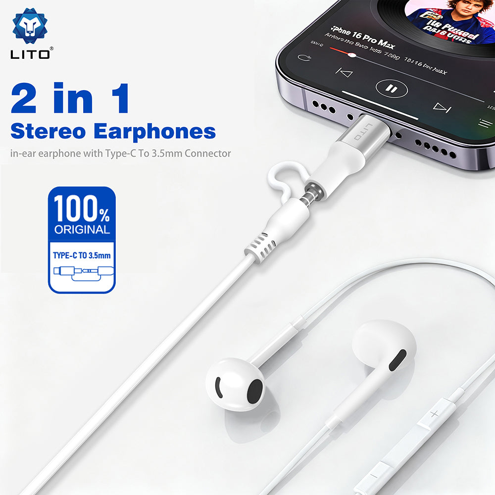 Lito - Wired Earphones (LF03) - Jack 3.5mm, Type-C, Stereo, Half In-ear, with HD Microphone, 1.2m - White