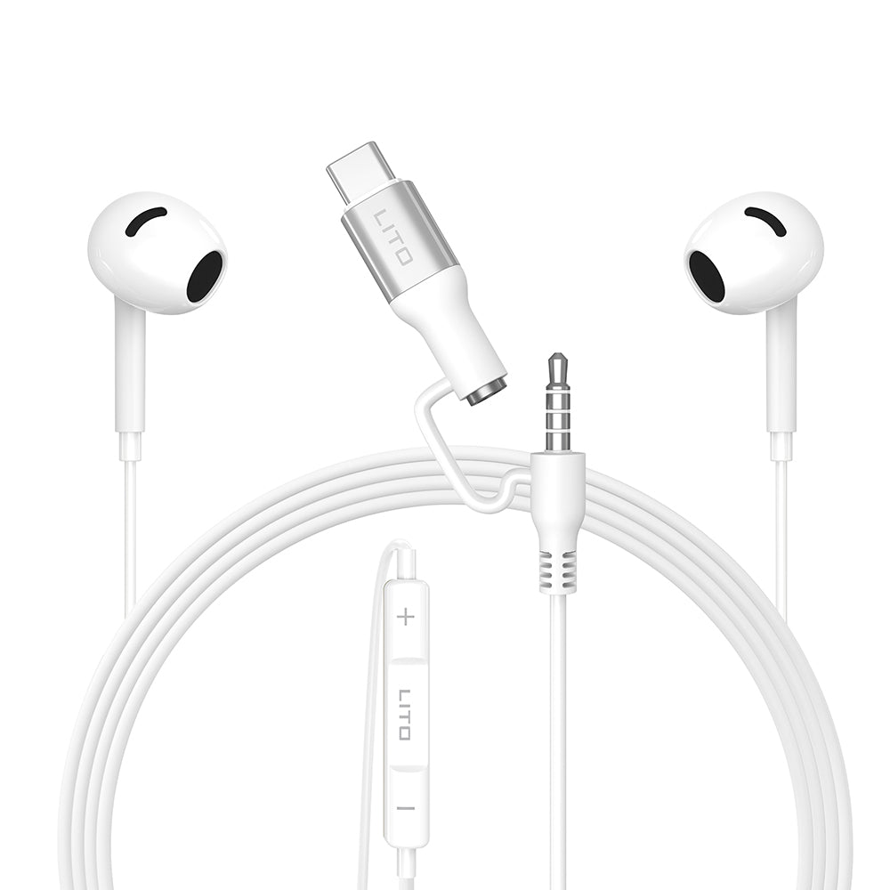 Lito - Wired Earphones (LF03) - Jack 3.5mm, Type-C, Stereo, Half In-ear, with HD Microphone, 1.2m - White