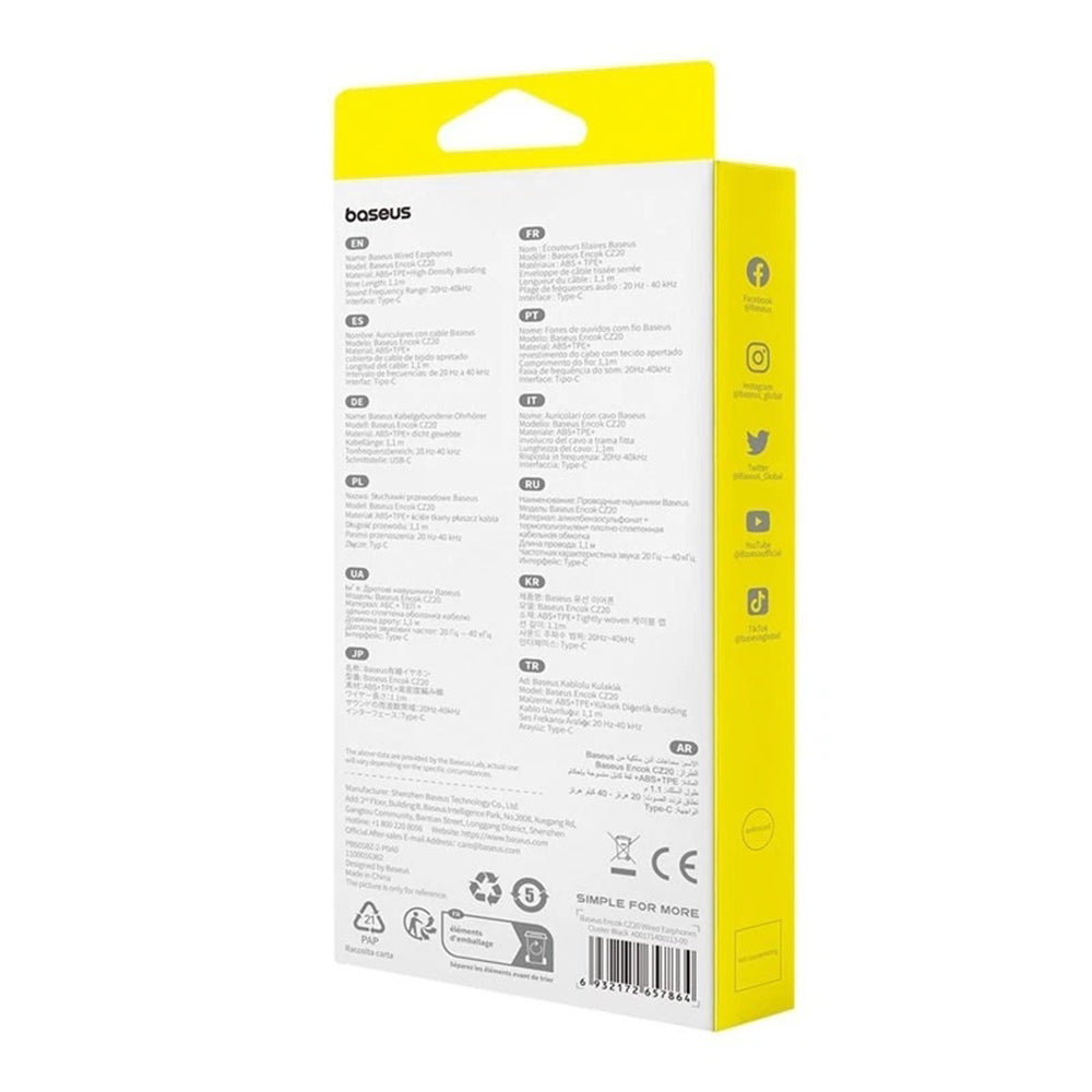 Baseus - Wired Earphones Encok CZ20 (A00171400113-00) - Type-C, 20Hz-40kHz, Hi-Res - Cluster Black