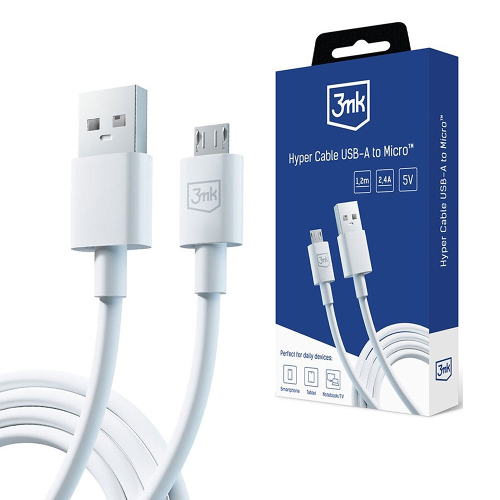 3mk - Data Cable Hyper - USB-A to Micro-USB, 5V, 2.4A, 1.2m - White
