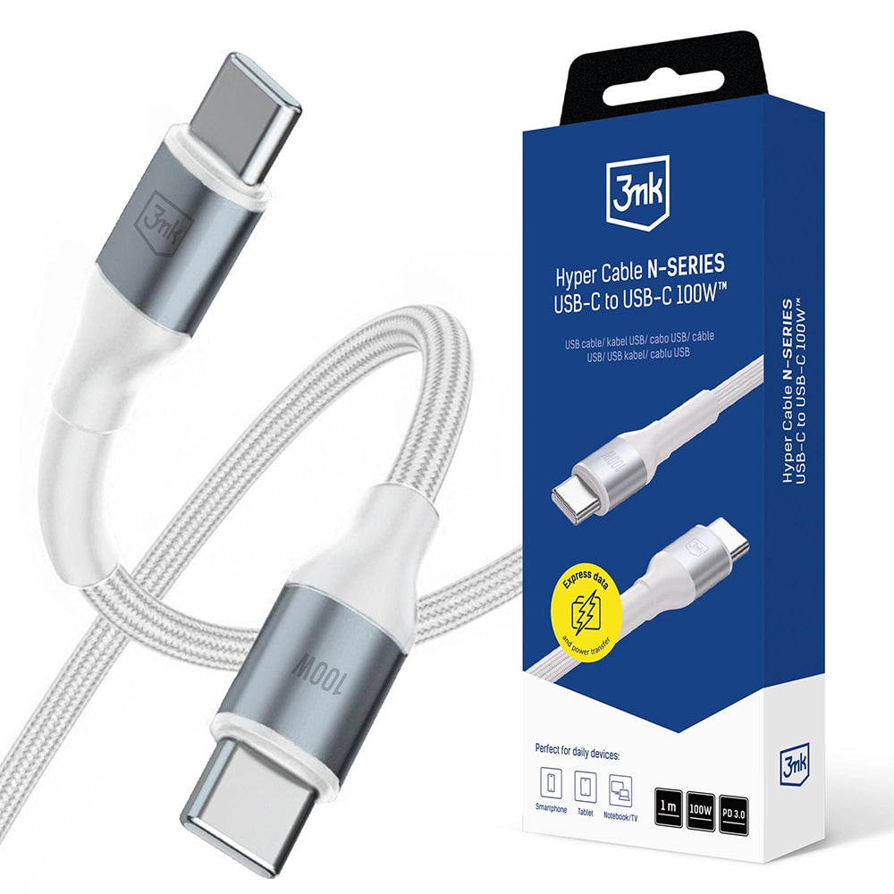 3mk - Data Cable Hyper N-Series - Type-C to Type-C, 100W, 20V/5A, 1m - White