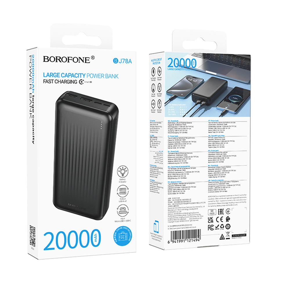Borofone - Power Bank (BJ78A) - 2 x USB, USB-C, Micro-USB, LED Indicator, 20000mAh - Black