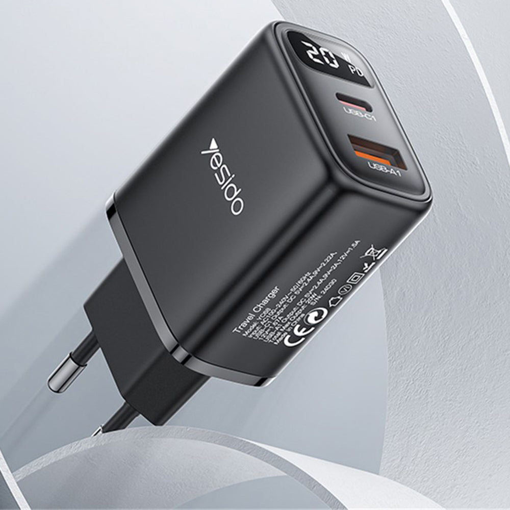 Yesido - Wall Charger (YC68) - with Digital Display, Quick Charge, for Phone, Tablet, USB, Type-C, 20W - Black
