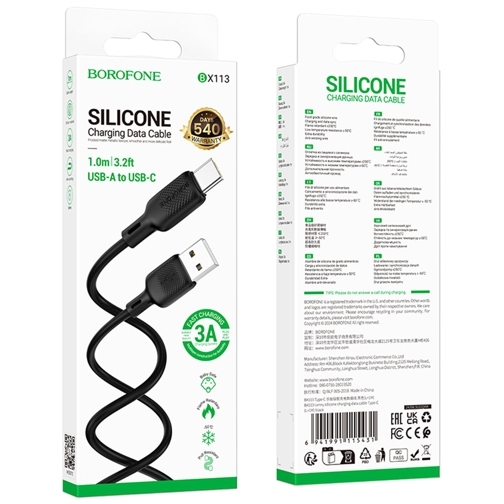 Borofone - Data Cable Lenny Series (BX113) - USB to Type-C, Silicone, 3A, 1m - Black