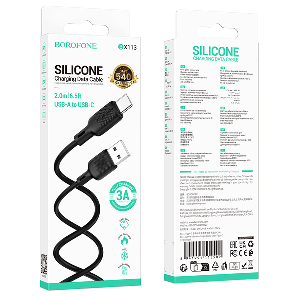 Borofone - Data Cable Lenny Series (BX113) - USB to Type-C, Silicone, 3A, 2m - Black