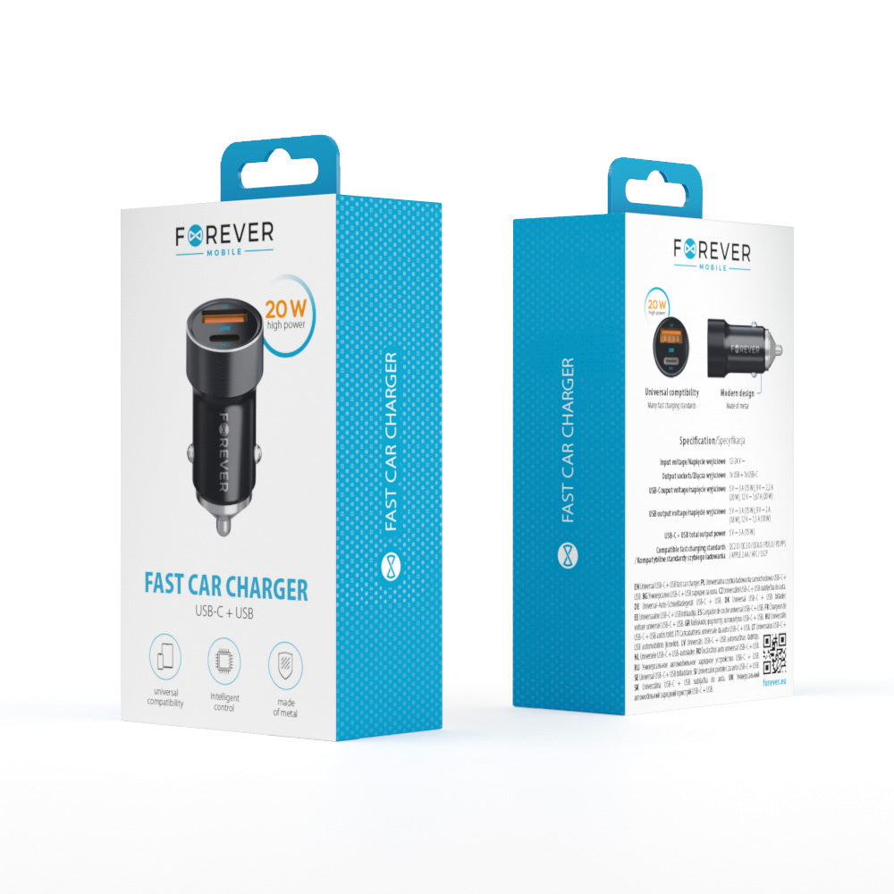 Forever CC‑06 Φορτιστής Αυτοκινήτου USB‑C + USB‑A, PD 3.0 & QC 3.0, 20 W – Μαύρος