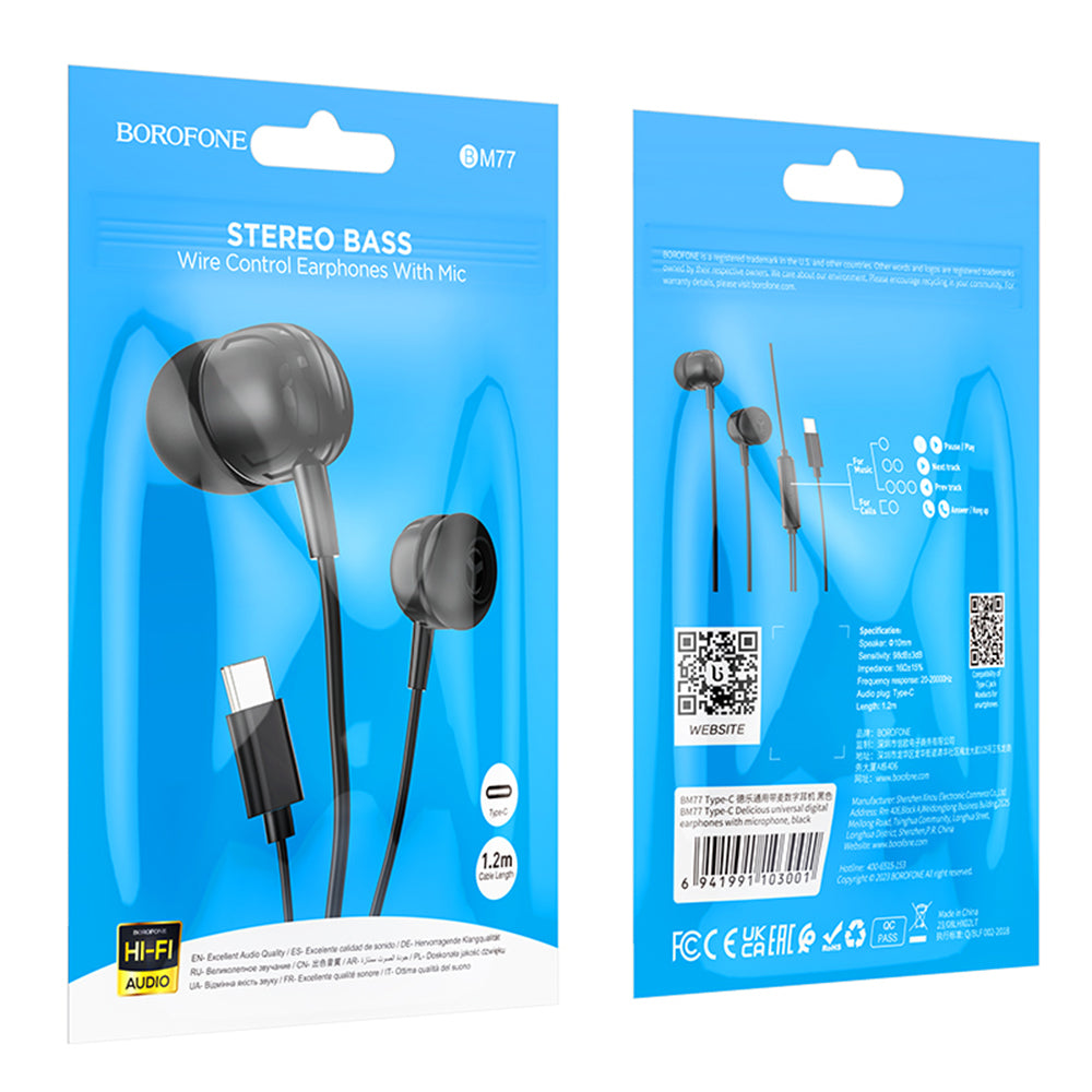 Borofone - Wired Earphones Delicious (BM77) - Type-C, with Microphone, Stereo Bass, Hi-Fi Audio, Universal, 1.2m - Black